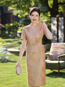 Wedding Dress Lace Womens Style Ximama New 2025 Summer Long Short Sleeve Midi Qipao Gown for Marriage Celebration Gold Color