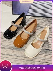 รองเท้าแมรี่เจนฝรั่งเศสขนาดใหญ่รองเท้าส้นสูงเท้ากว้าง Rhinestone ส้นหนา ผู้หญิง รองเท้าแฟชั่นเดี่ยวกว้างพิเศษไขมันพิเศษ