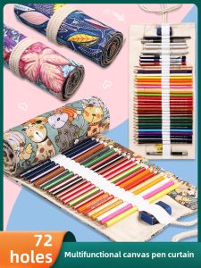 Color Canvas Color Pencil Bag 24 Pieces 36 Pieces 48 Pieces 72 Holes Large Capacity Multi-Functional Cute Minimalist Pen Curtain Boys and Girls Sketch Color Pencil Bag Student Art Only for Painting Pen Curtain Cosmetics Bag