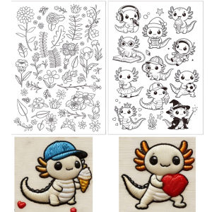 Axolotl Floral Stick & Stitch Water Soluble Embroidery Paper Wash Away Transfer Stabilizers for DIY Hand Sewing Crafts