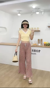 Summer fashion floral pattern wrinkle womens casual pants ice silk fabric comfortable and silky.
