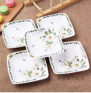 Bone China Square Dinner Plate Seafood Dish Hotel Dining Ceramic Deep Flat Dish Plant Floral Korean Style Adult Size 7 Inches
