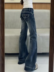 Low Waist Slim Fit High Rise American Washed Distressed Denim Pants Womens Micro Flared Jeans Bootcut Trousers Casual Style