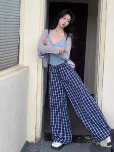 Quần Ống Rộng Xếp Ly Thường Ngày Cho Nữ Mùa Xuân Hè Mới Về Quần Ống Đứng Kẻ Caro Xanh Rộng Rãi Cạp Cao Dài Đến Sàn