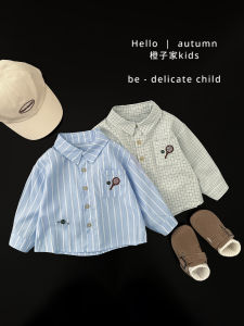 Korean Style Embroidered Long Sleeve Shirt for Boys Spring Autumn Casual Turn-down Collar Striped Top Baby Loose Fit Button down