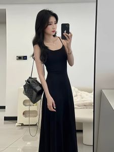 Black A-Line Long Dress Women Summer Slim Fit Hepburn Style French Beach Strapless Dress with Chest Pad Cotton Soft Material