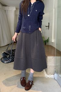 Gray Starry Sky Pattern Woolen Midi A-Line Skirt Korean Style High Waist Slimming Half-length Skirt for Women Citywalk Street Style