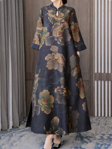 Xiangyun Yarn Silk Mulberry Silk Dress Womens Spring and Summer New Arrival Stand Collar Print Middle-Aged Ladieswear Improved Cheongsam Long Dress