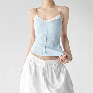 MUYUZI | Lace Trim Halter Sleeveless Top Slimming Black