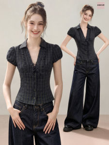KBVVR | Grid V-Neck Short Sleeve Shirt Waist Shaping Ruffled Puff Sleeve Peasant Blouse