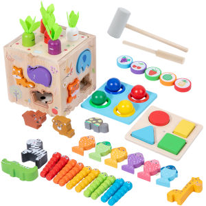 Kids Montessori Early Education 8 in 1 Fishing Catch Worm Clock Cognition Pulling Radishes Building Blocks Intelligence Box Educational Toys