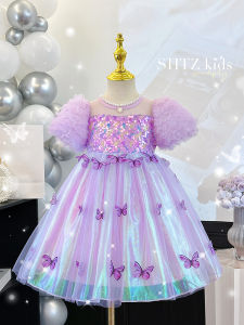 Princess Dress for Girls Summer Fashionable Wings Purple Skirt Children Performance Costume Six One Performance Clothes Short Sleeve Korean Style Mixed Fabric
