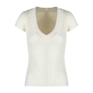 YUEZHONGWEI | Pink V-neck Ice Silk Knitted Short Sleeve T-shirt Womens Summer Slim Fit Fashionable Top Shoulder Width Regular Length