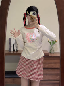 Cartoon Cute Sweet Spicy Long Sleeves T-Shirt Women Spring & Fall Thin Shoulder Round Neck Slim Looking Single Wear Short Tops Women