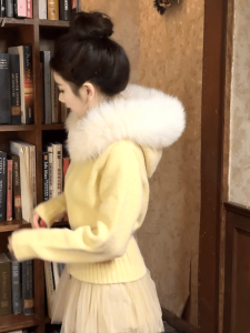 French Style Gentle Fur Collar Hood Sweater Outwear Autumn Pure Desire Wind Cute Youth-Looking Soft Glutinous Knitted Cardigan Top