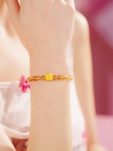 ZHOU LIU FU 周六福 24K Solid Gold Charm Beaded Bracelets Horse Zodiac Animal Citrine Beads Stretch Bracelet Healing Jewelry for Women Mom Daughter Birthday Anniversary 17CM A1915771