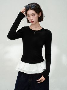KBVVR | Black Lace Trimmed False Two-Piece Long Sleeve T-Shirt