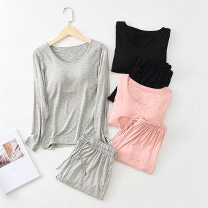 ชุดนอนผู้หญิงแขนยาว ชุดนอน Modal ไร้สาย กางเกงขายาว ชุดนอนฤดูใบไม้ผลิ สไตล์เรียบง่าย ลำลอง สบายๆ