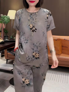 Loose Female Panda Print T-Shirt And Pants Set Summer New Arrival Chinese Retro Style plus Size Womens Fashion Outfit