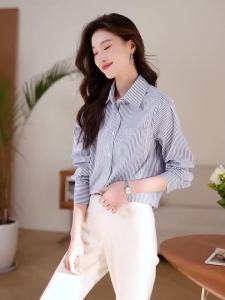 AMMIN Korean Style Fashion Blue Vertical Stripes Long Sleeve Commuter Chiffon Shirt Women 2025 Spring and Autumn New Simple Lapel Pocket Single-Breasted Elegant Blouse