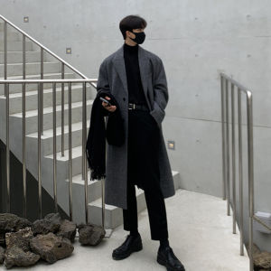 เสื้อโค้ทขนสัตว์เสื้อโค้ทแคชเมียร์เพิ่มความหนาสไตล์อังกฤษสีเทาระดับสูงฤดูหนาวสไตล์เกาหลีแบบยาวปานกลางสําหรับผู้ชายเสื้อกันลมผู้ชาย