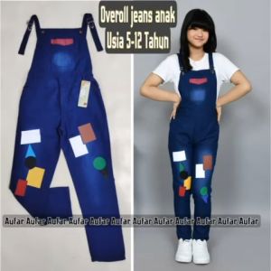 overall jeans panjang anak perempuanusia 5-12 tahun