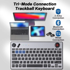 JOMAA Backlit Tri-Mode Wired Keyboard with Trackball Air Mouse 1600dpi Bluetooth Trackball Keyboard for TV iPad Phone Laptop
