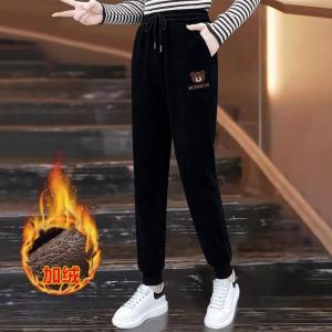 Womens Sport Pants Thickened Fleece Harlan Trousers Winter Bear Embroidery High Waist Long Pants Casual Comfortable Trousers