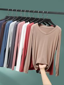 Womens Modal V-Neck Long Sleeve Thin Base Shirt Spring Autumn Solid Color plus Size Inner Wear Versatile Simple Design T-Shirt