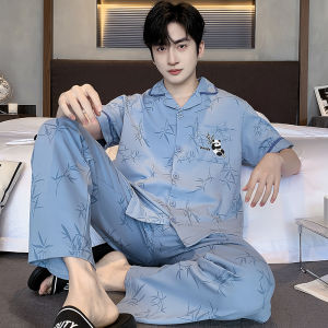 Miiow | Pure Cotton Lightweight Short Sleeve Mens Sleepwear Summer Home Clothes Two-Piece Set Comfortable Breathable Mens Pajamas