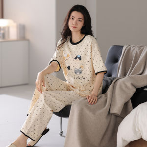 MiiOW | Pure Cotton Cat Person Sleepwear Womens Integrated Summer New Short Sleeve Long Pants Cute Home Clothes Set With Chest Pad