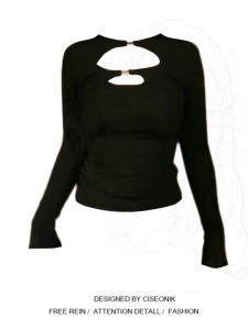 Nasa ชิค เสื้อยืดแขนยาว Metal Buckle Hollow Out ผู้หญิง Early ฤดูใบไม้ร่วง พรางหุ่น เสื้อชั้นใน หวาน สไตล์เผ็ด โพลีเอสเตอร์ 100%