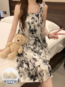 Sweet Summer Ice Silk Strap Sleep Dress Womens Thin Style Vintage Silk Home Clothes Chest Pad Included Mid-Length Plant Floral Print