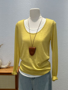 Womens Knitted Long Sleeve T-Shirt Color Block Versatile Base Layer Shirt Korean Style Early Autumn Design Sensation Top