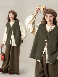 Bộ Áo Knit Xếp Lớp Nghệ Thuật Retro 3 Món