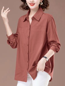 Elegant Pure Cotton Womens Shirt Korean Style Button up Long Sleeve Polo Neck Mid-Length Fashionable Age-Defying Top