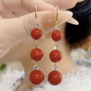 Elegant Long Pearl Drop Earrings Fashionable Red Diamond Embedded Hong Kong Style Womens Jewelry Fresh out New 2025 Trend