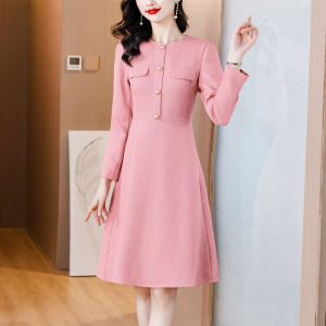 Elegant Pink Waist-Cinching Dress Womens Fashion Spring 2024 Chinoiserie Style Midi Skirt Long Sleeve round Neck A-Line Gown