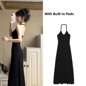 Summer New Style Womens Neck Hanging Dress Black French Long Dress Slimming Small Audience Design Super Beautiful Strap Dress