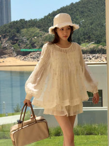 YUFUQING | Elegant Fairy-Like Womens Summer Outfit Top And Short Skirt Set Loose Pleated Long Sleeve Round Neck Two-Piece Polyester Fiber