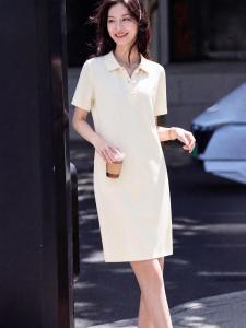 Basic House | Elegant Beige Polo Collar Short Sleeve Summer Dress