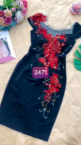 Mydu shop | MS 2471 – Đầm trung niên thun Umi thêu hoa phong cách dự tiệc