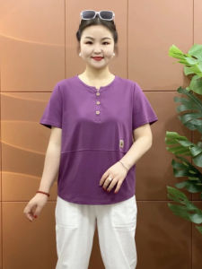 Summer Short Sleeve T-Shirt Womens Loose V-Neck Half Sleeve Pure Cotton Versatile Fashionable Top for Middle-Aged Mothers