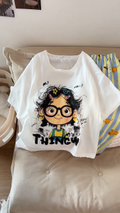 ชุดนอนผู้หญิง เสื้อแขนสั้นและกางเกงขายาวลายการ์ตูนน่ารักสำหรับฤดูใบไม้ผลิ/ฤดูร้อน ชุดลำลองไซส์ใหญ่พร้อมแผ่นรองบรา