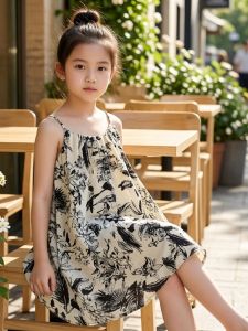 Princess Style Printed Long Dress Childrens Summer Casual Strapless Dress Baby Girls Korean Version Clothing Short Sleeve