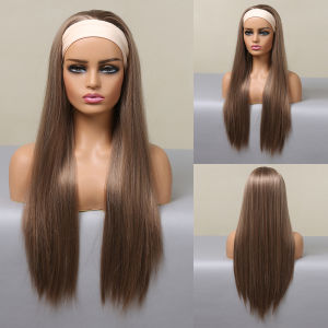 Long Straight Brown Blonde Synthetic Headband Wigs for Black Women Highlight Golden Hair Wigs Daily Cosplay Heat Resistant