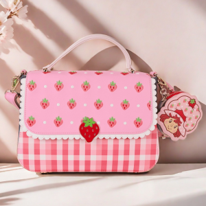 Loungefly Strawberry Sweetheart Denim Pink Plaid Crossbody Shoulder Bag Womens Coin Purse Medium Soft PU Leather Handbag