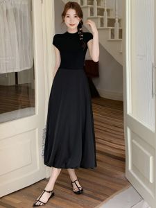 ชุดเดรสคอตั้งสีดำ ทรงเอ ผ้าซาติน ความยาวปานกลาง แขนสั้น ทรงเอ สำหรับผู้หญิง ชุดเดรสฤดูร้อน 2024 ชุดเดรสผ้าซาติน
