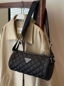Quilted Embroidery Thread Cylinder Bag Womens Textured Oxford Cloth Shoulder Bag Pillow Bag Easiest for Match Casual Wide Shoulder Straps Crossbody Bag