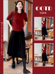 Christmas New Year Red Sweater Set Dress Winter Fashion High Waist A-Line Skirt Knitted Long Sleeve Button up Womens Ensemble